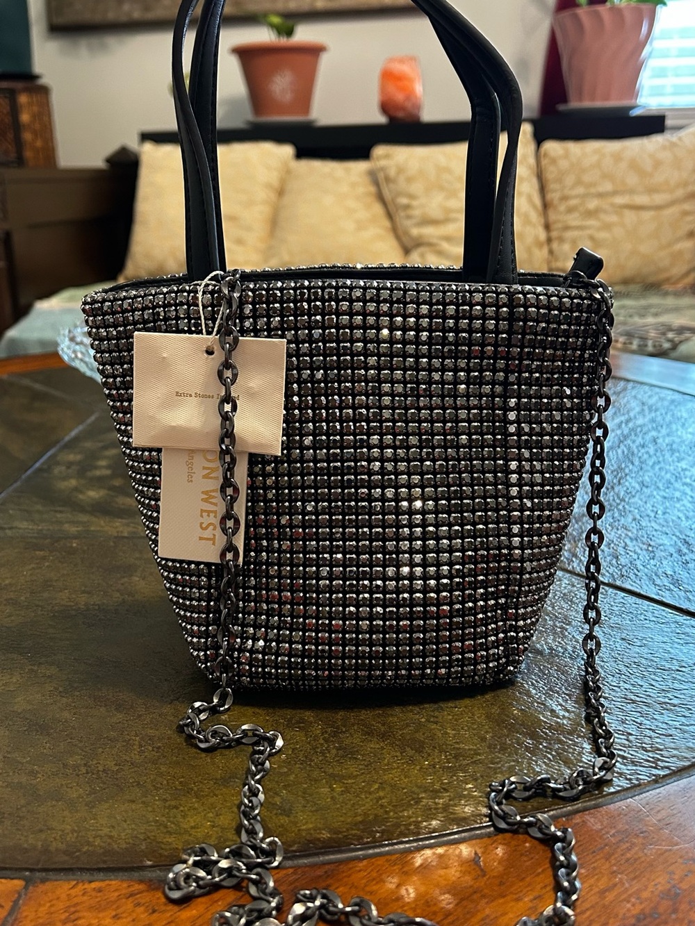 Madison West Black Crystal Bucket Bag with Chain Strap